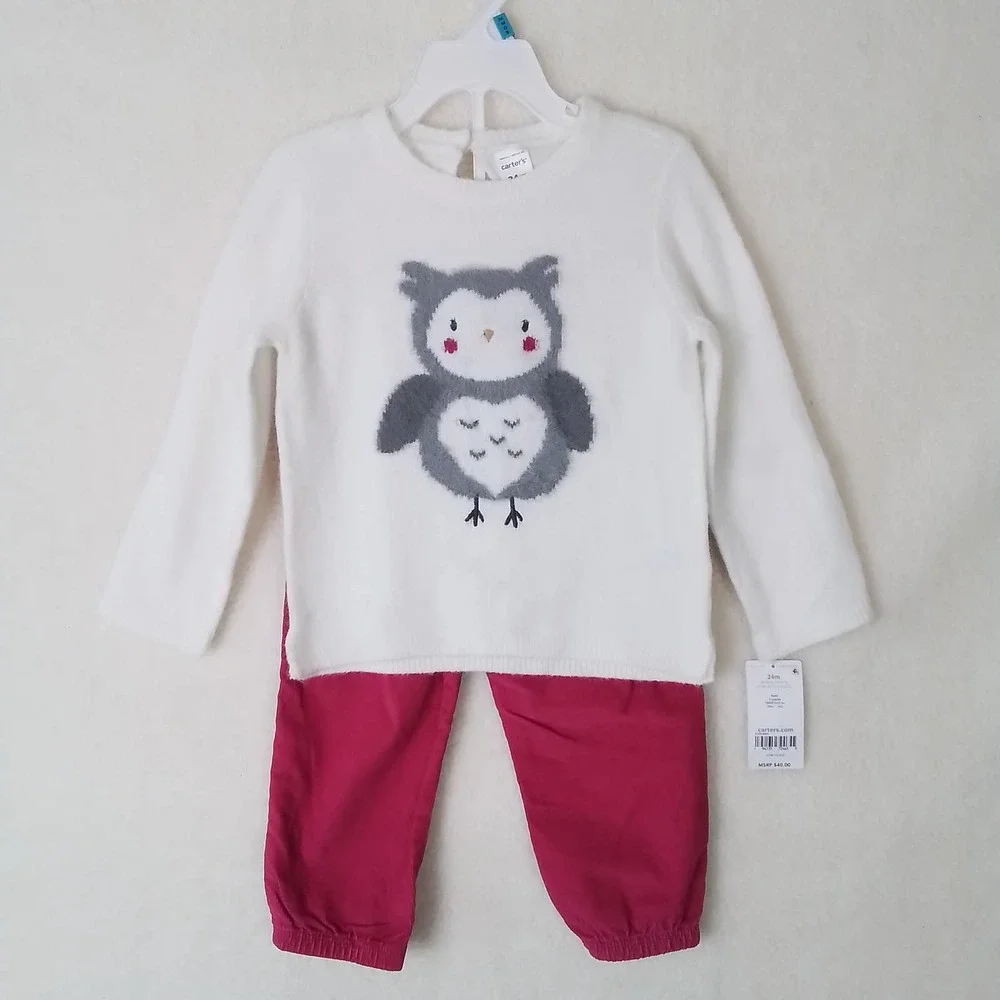 Carter's Baby 2-Piece Sweater‎ Set Size 24mo in Pink, White, Penguin Theme